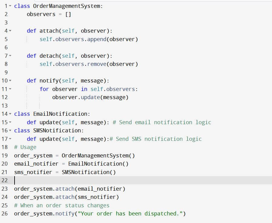 In this example, the OrderManagementSystem implements learning and maintaining a list of observers
